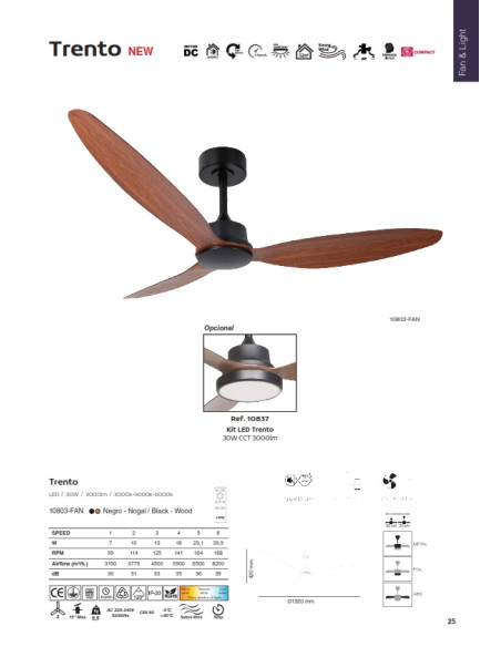VENTILADOR TRENTO NEGRO NOGAL 1320Ø