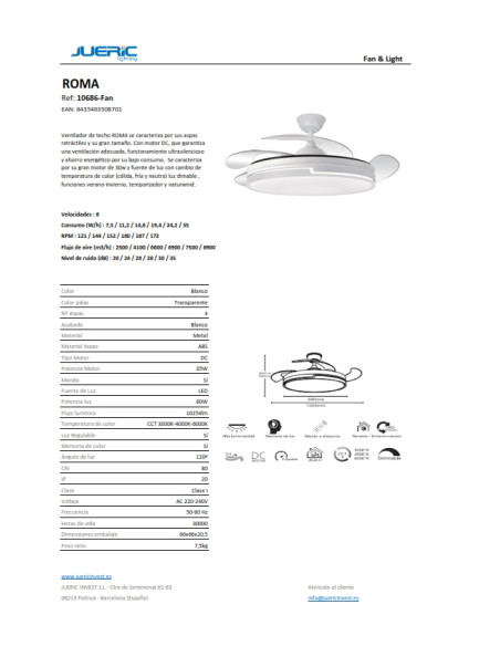 VENTILADOR ROMA 80W BLANCO CCT 1320Ø